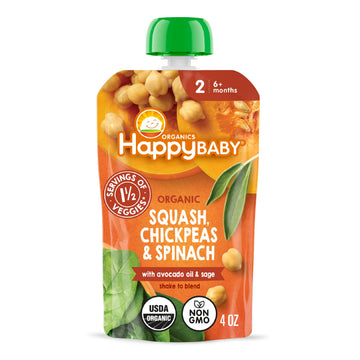 Happy Baby Organics Savory Blends Stage 2 Baby Food, Squash Chickpeas & Spinach with Avocado Oil + Sage, 4 Ounce Pouch (Pack of