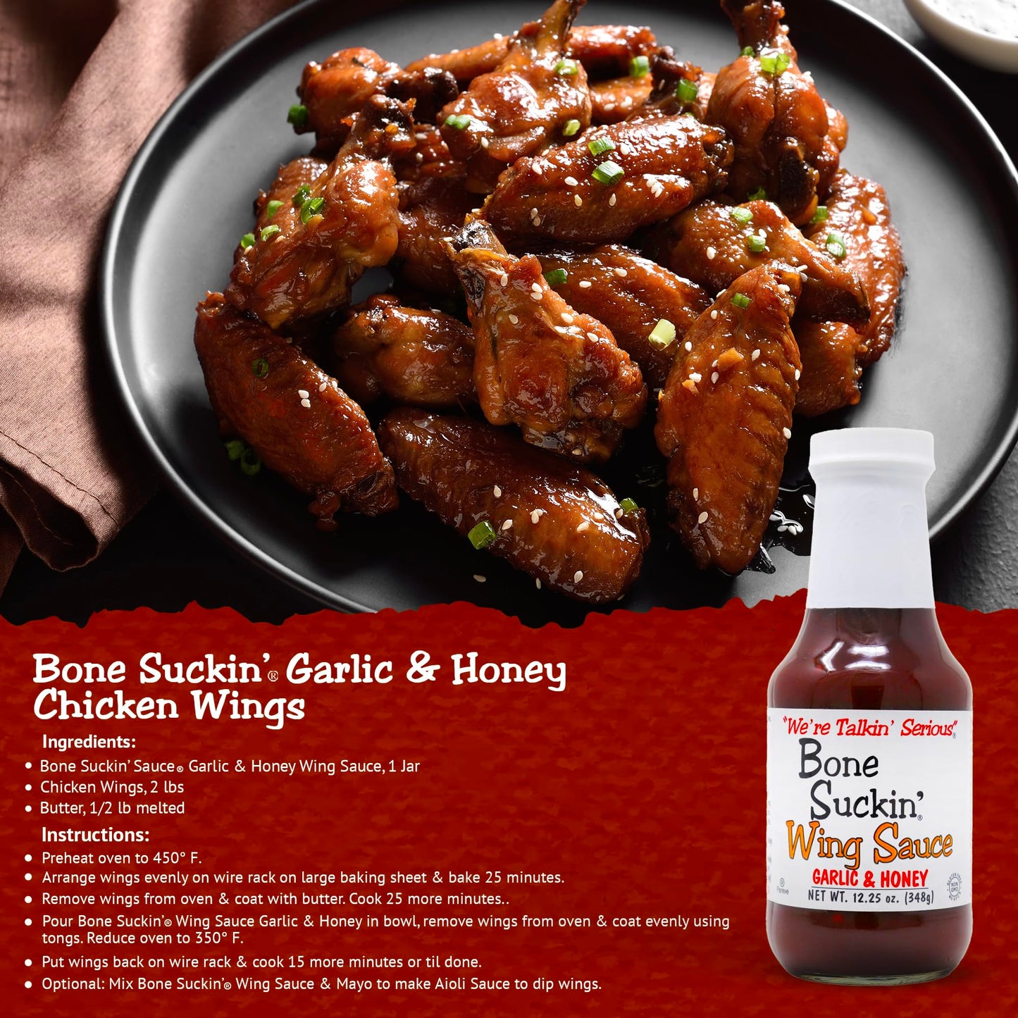 Bone Suckin' Garlic & Honey Wing Sauce, All Purpose Wing Sauce For Chicken Wings, Turkey Wings, Gluten Free, Non Gmo, Kosher, Sw