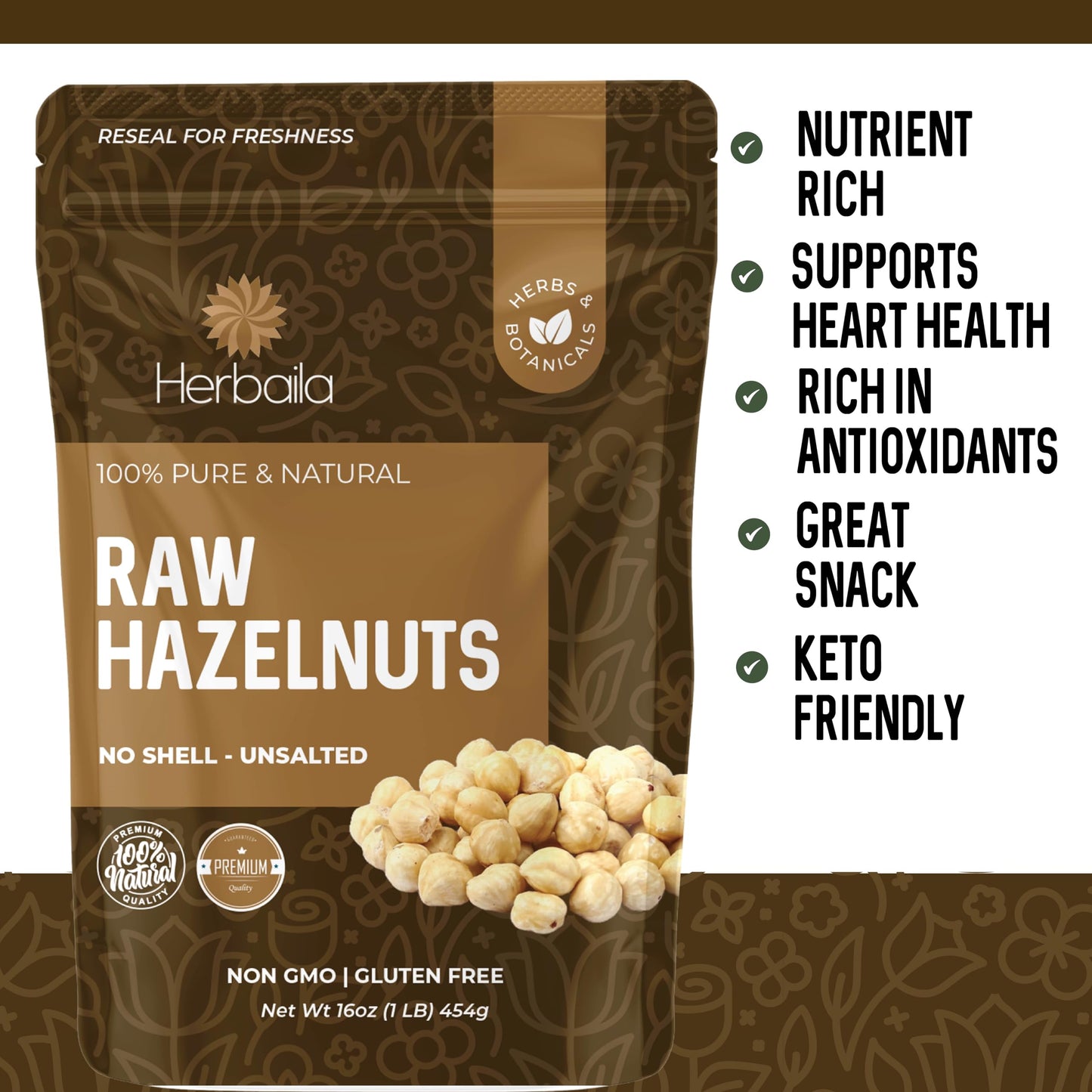 Hazelnuts Raw 1lb, Raw Hazelnuts no Shell. Hazelnuts for Baking, Cooking or Snacking, All Natural and Fresh, Unsalted and Non-GM