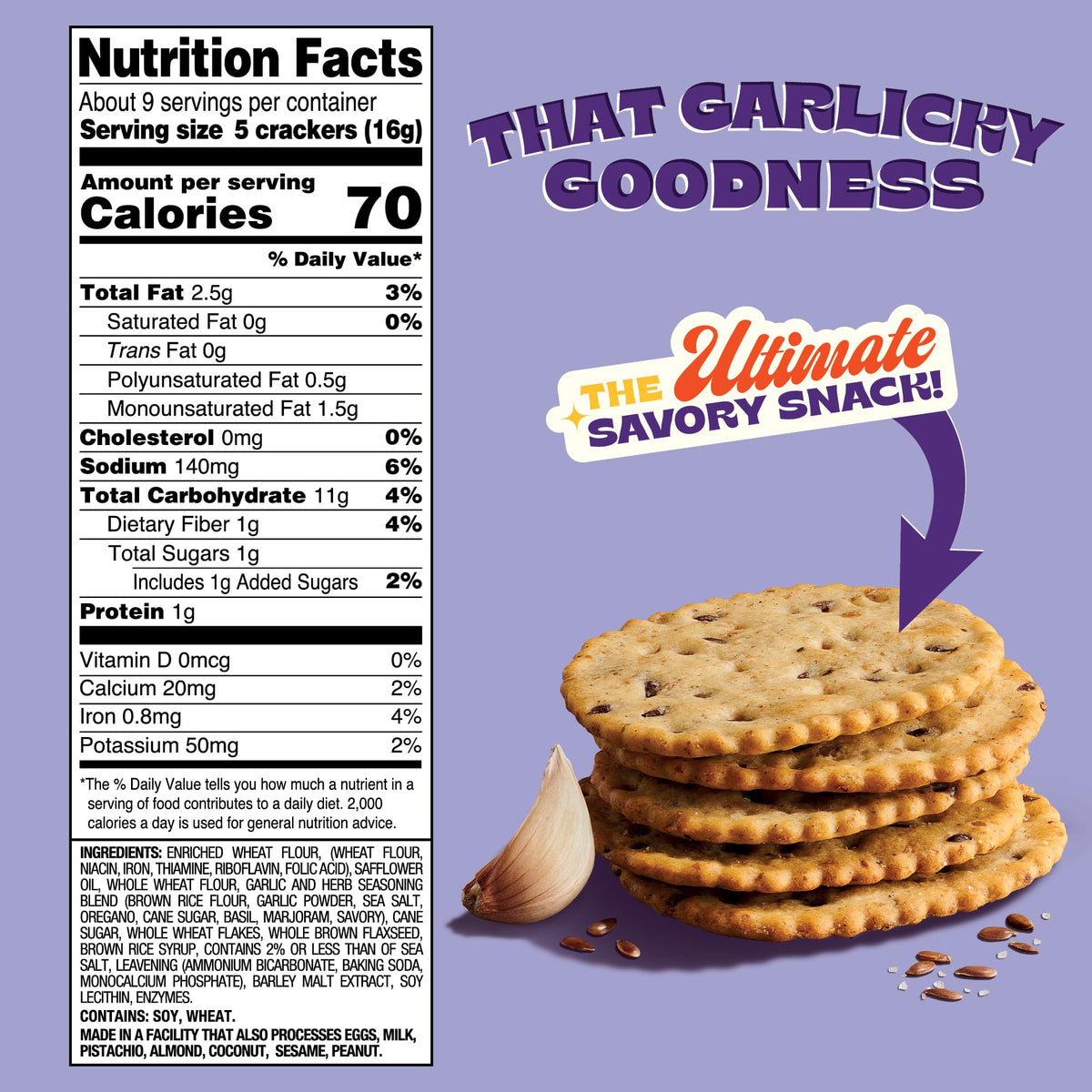 Back to Nature - Stoneground Wheat Crackers - Garlic & Herb - Real Ingredients like Whole Grain Wheat, Flax Seed and Sea Salt -