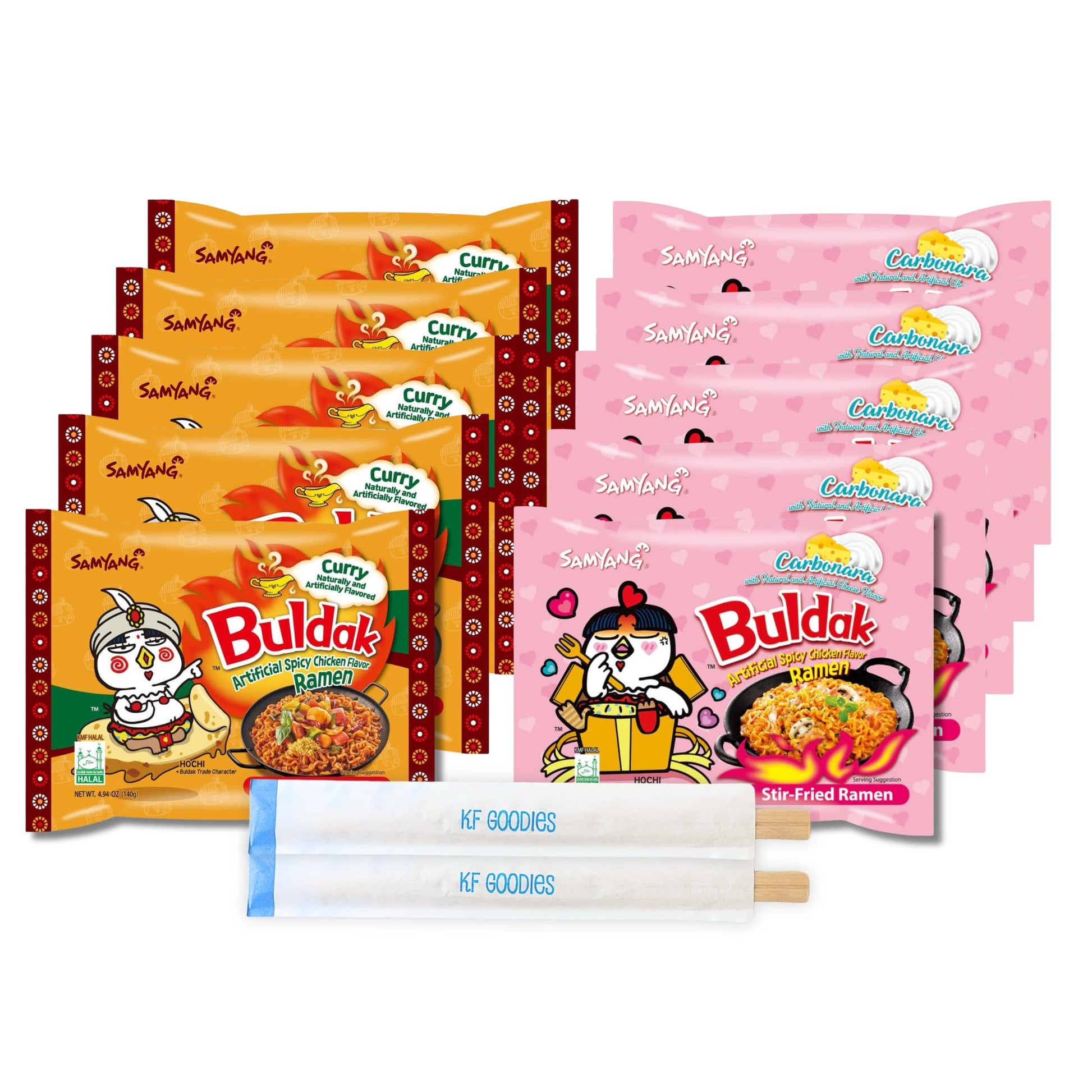 Samyang Buldak Hot Spicy Chicken Ramen Noodle Korean Stir-Fried Ramen, Carbonara & Curry Flavor, 5 Pack For Each Flavor (10, Car
