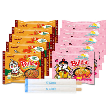 Samyang Buldak Hot Spicy Chicken Ramen Noodle Korean Stir-Fried Ramen, Carbonara & Curry Flavor, 5 Pack For Each Flavor (10, Car