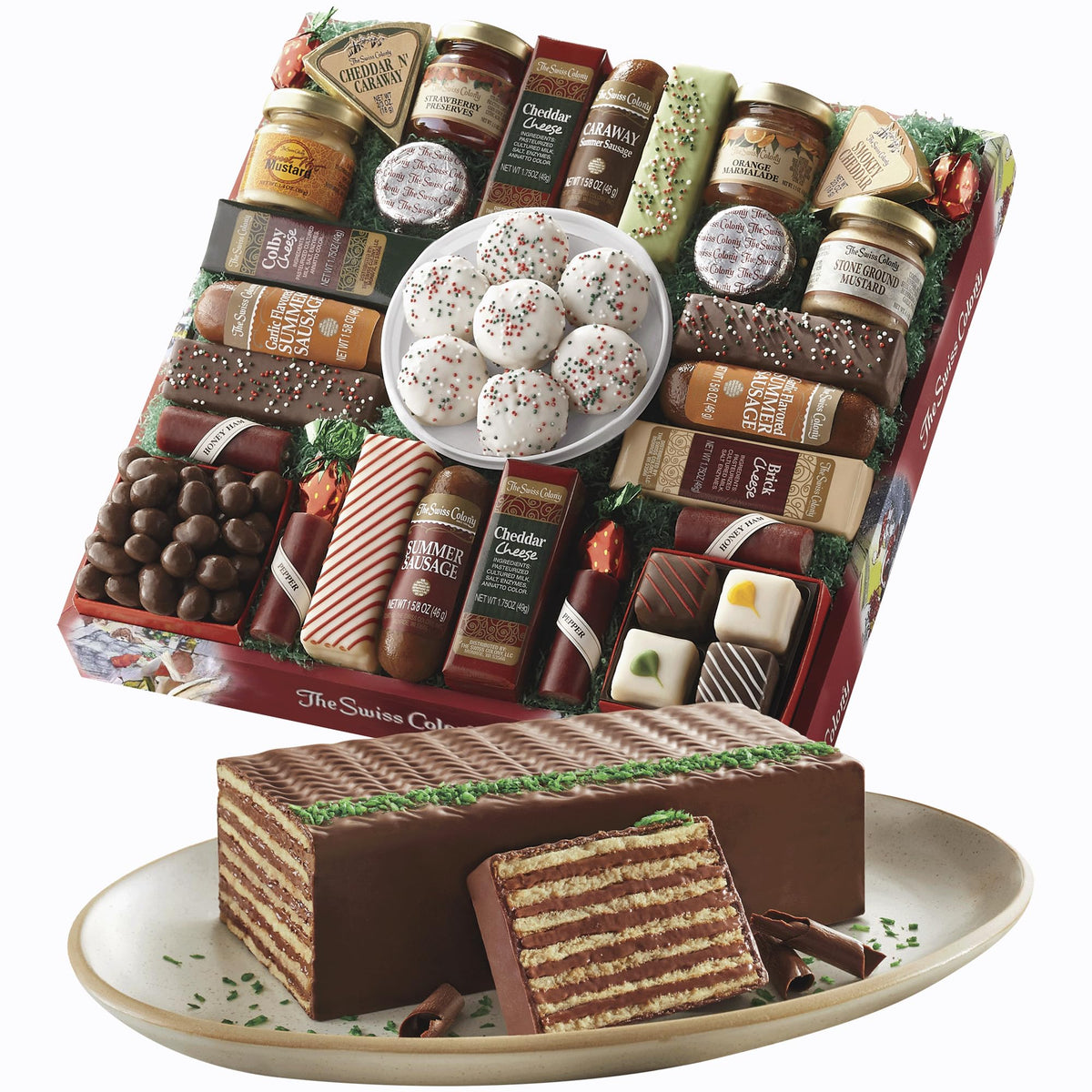 The Swiss Colony 27 Favorites And Dobosh Torte Christmas Gift Bundle - Assorted Cheeses  Candies  Chocolates  Summer Sausage Meats  And 13 Layer Chocolate Creme Torte