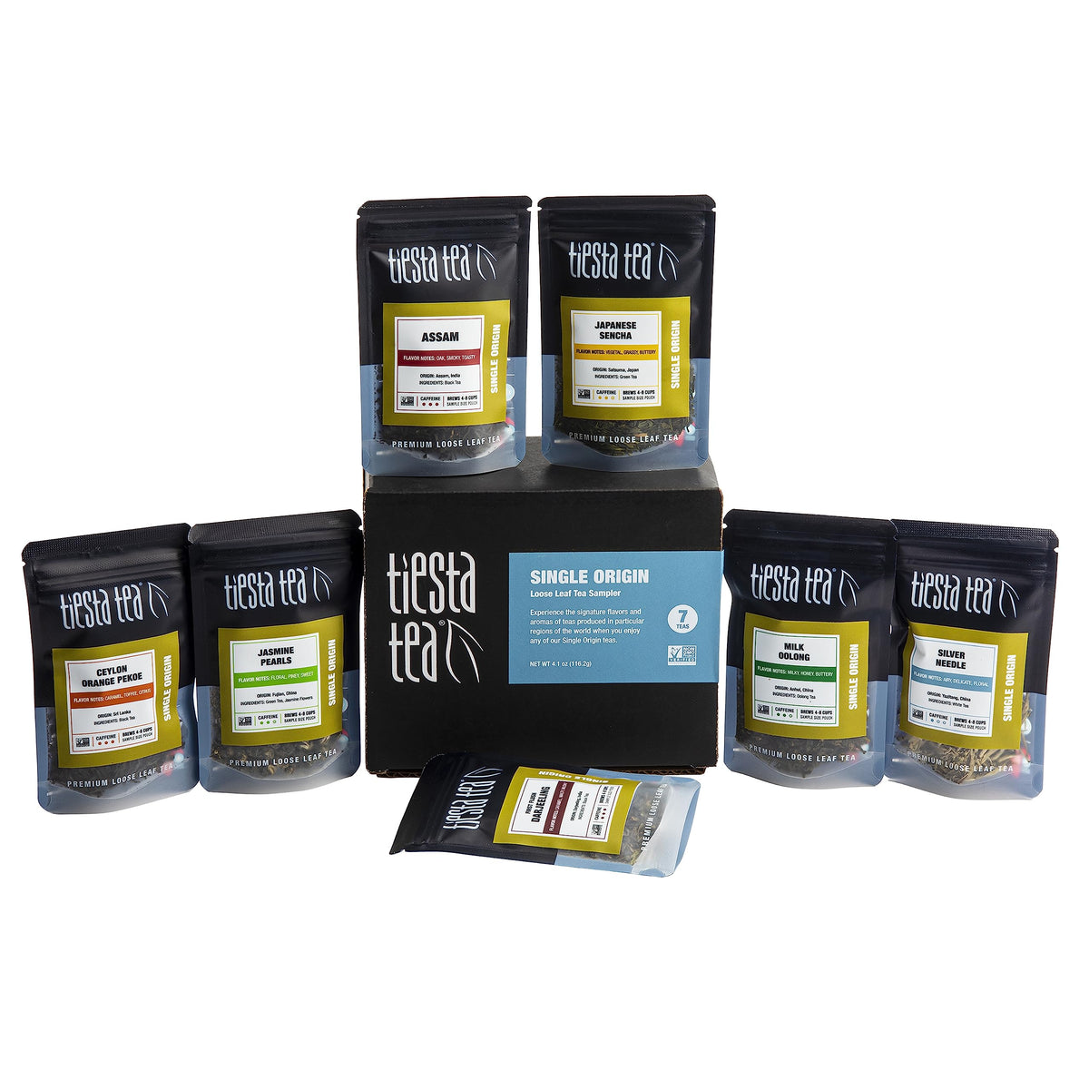 Tiesta Tea Single Origin Tea Sampler Set - Loose Leaf, Assorted Brew Sets, High to Low Caffeine, 7 Resealable Sample Pouches