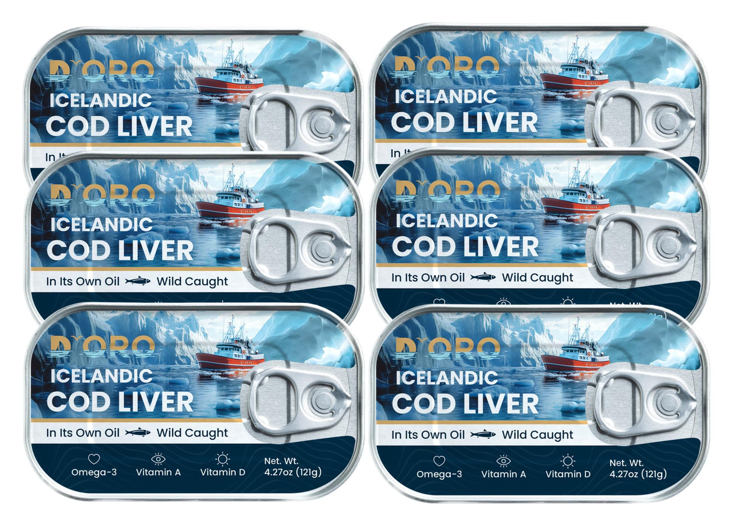 DOro Top-Grade Icelandic Cod Liver In Oil - Wild-Caught Gourmet Delicacy  Rich In Omega-3 & Vitamin D 4.27Oz (121Gr) 6 Cans