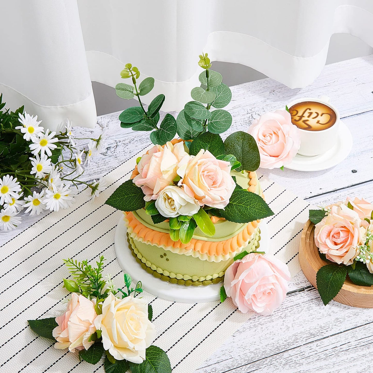 Taiyin Flower Cake Topper Set, 9 Pcs Boho Decorations, Eucalyptus Floral Decor for Wedding, Birthday, Anniversary, Light Pink
