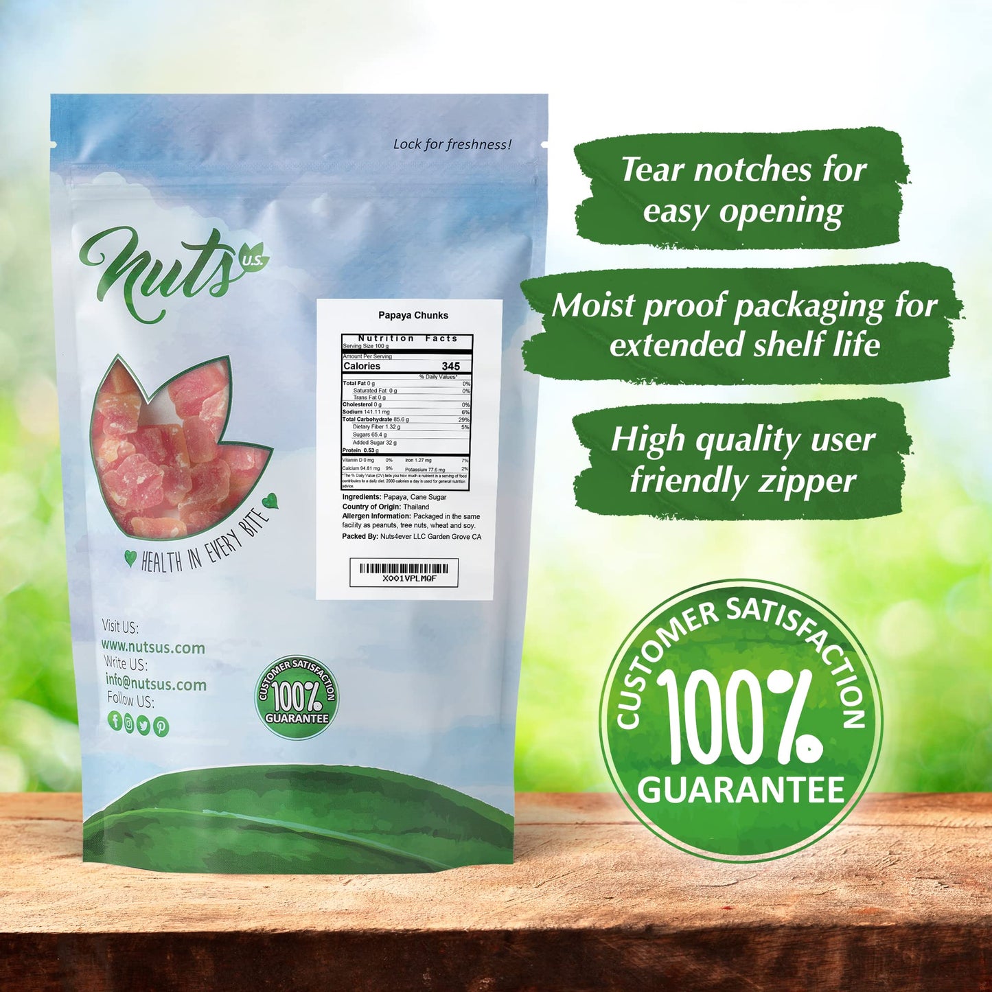 Nuts U.S. - Unsulphured Dried Papaya Chunks | Low Sugar | No Color Added | Non-Gmo And Gluten Free | Vegan Snacks | Packed In A Resealable Bag!!! (1 Lb)