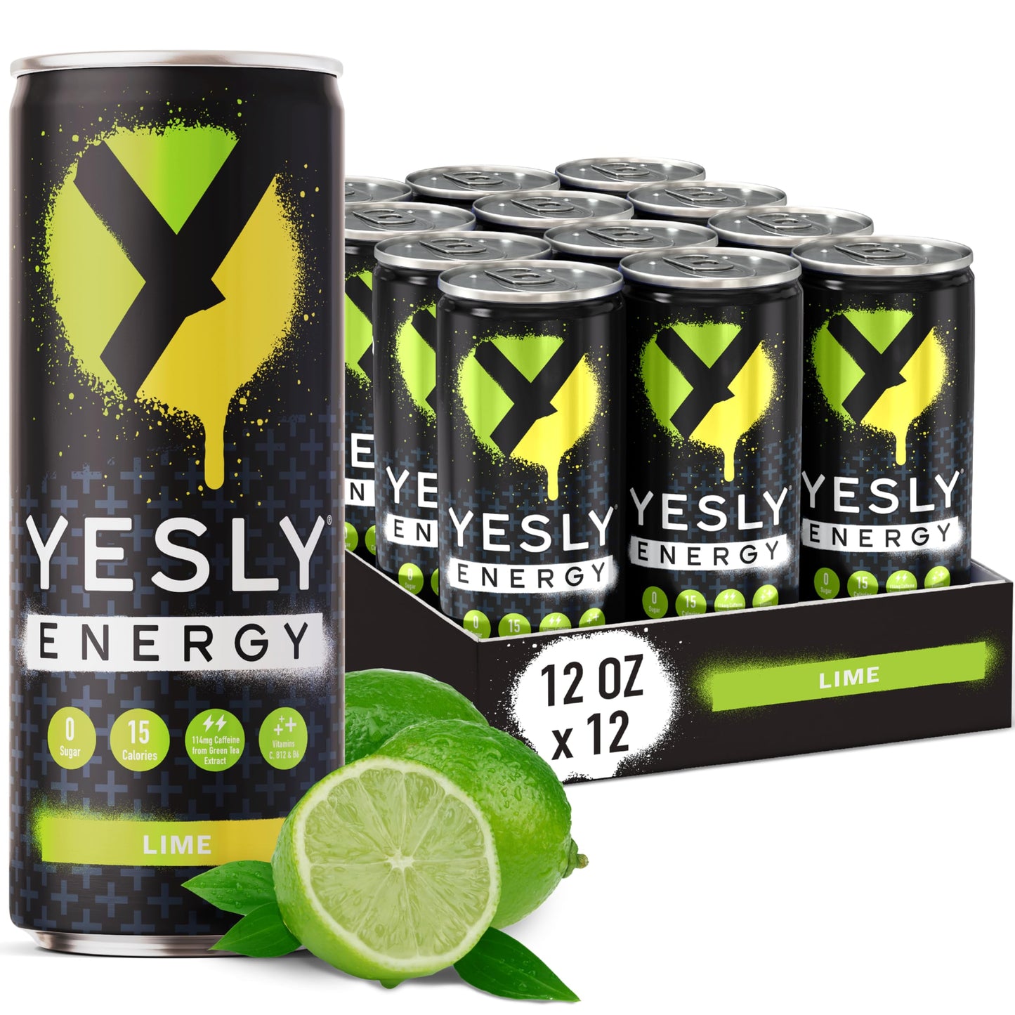 Yesly Energy Drink  Lime  Naturally Flavored Sparkling Energy Drink With Electrolytes  Magnesium  Potassium  Vitamin C  B6 & B12  Natural Caffeine From Green Tea  Zero Sugar  12 Fl Oz Cans  12 Pack