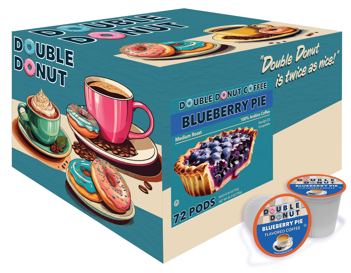 Double Donut Coffee Blueberry Flavored Coffee Pods, Medium Roast Coffee,Compatible With Keurig K Cups Malt-Inspired, 72 Cups
