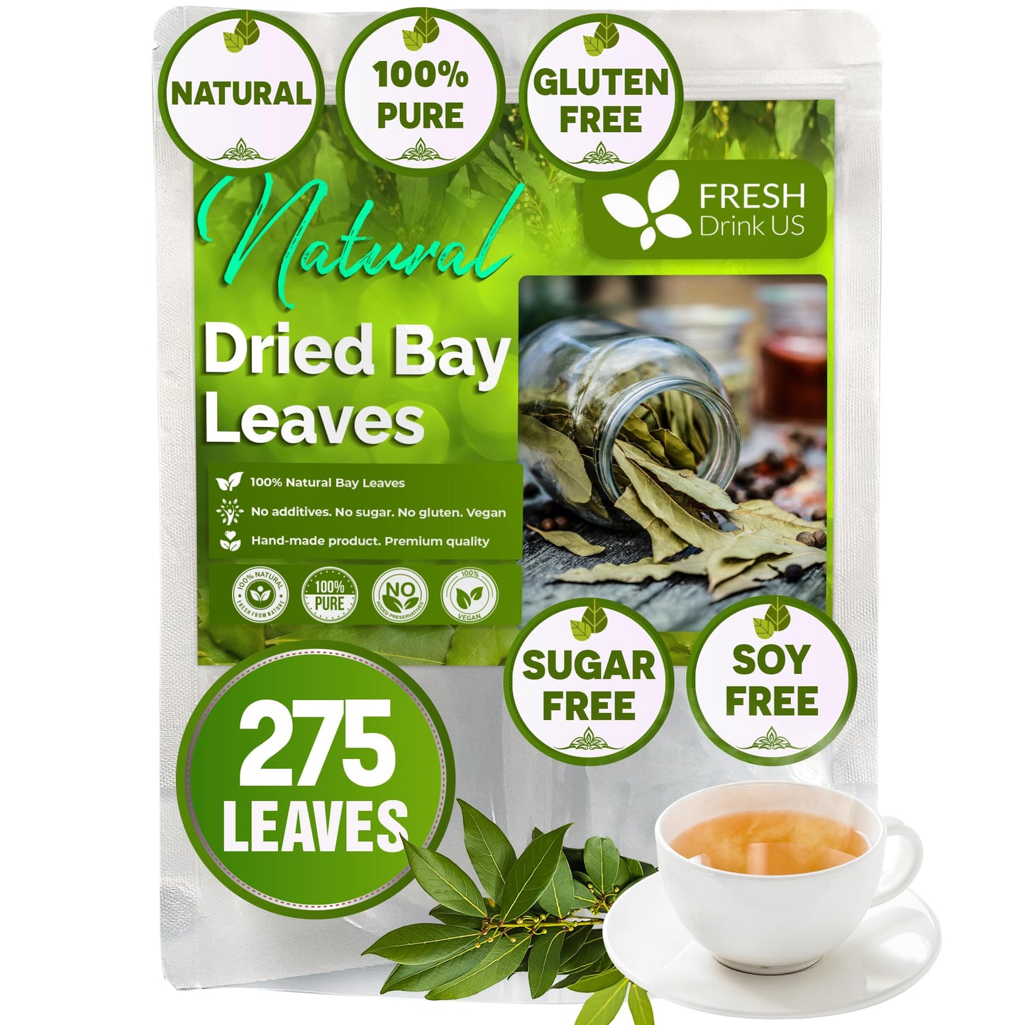 Freshdrinkus 275+ Enhanced Dried Bay Leaves, Bay Leaf Tea, Bay Leaves Spice, Whole Nice Leaves, Wildcrafted, Fresh Harvested, Bay Leaves For Cooking, Sugar-Free, Gluten Free, Caffeine Free, Vegan