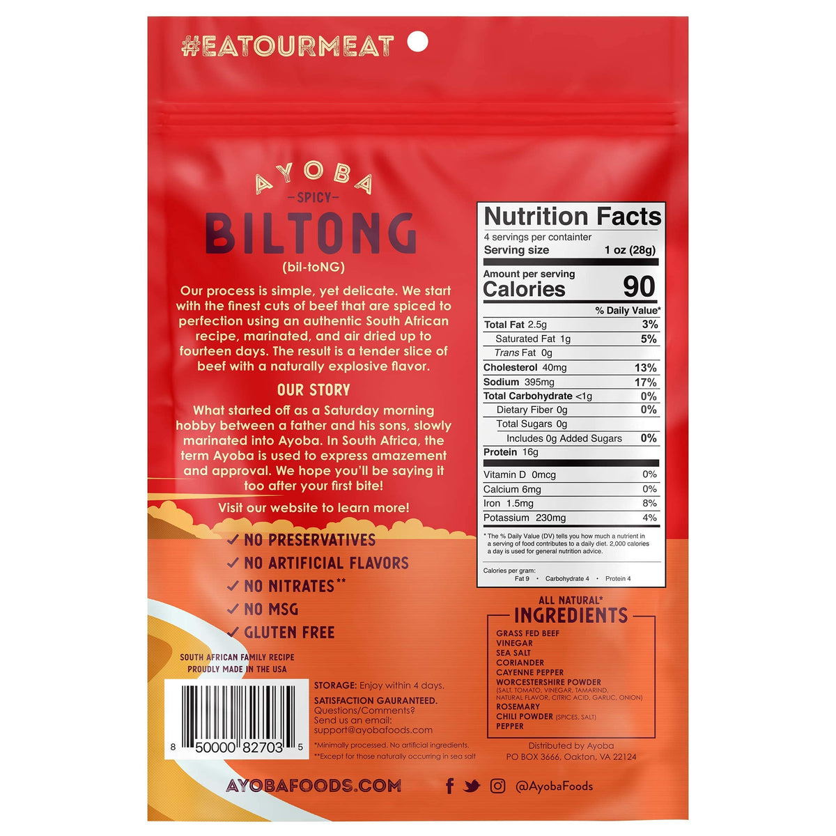 Ayoba Spicy Beef Biltong Slices (4 Ounce, Pack Of 1) Keto Friendly Air-Dried Grass Fed Beef Snack - Paleo, Gluten Free, Whole 30