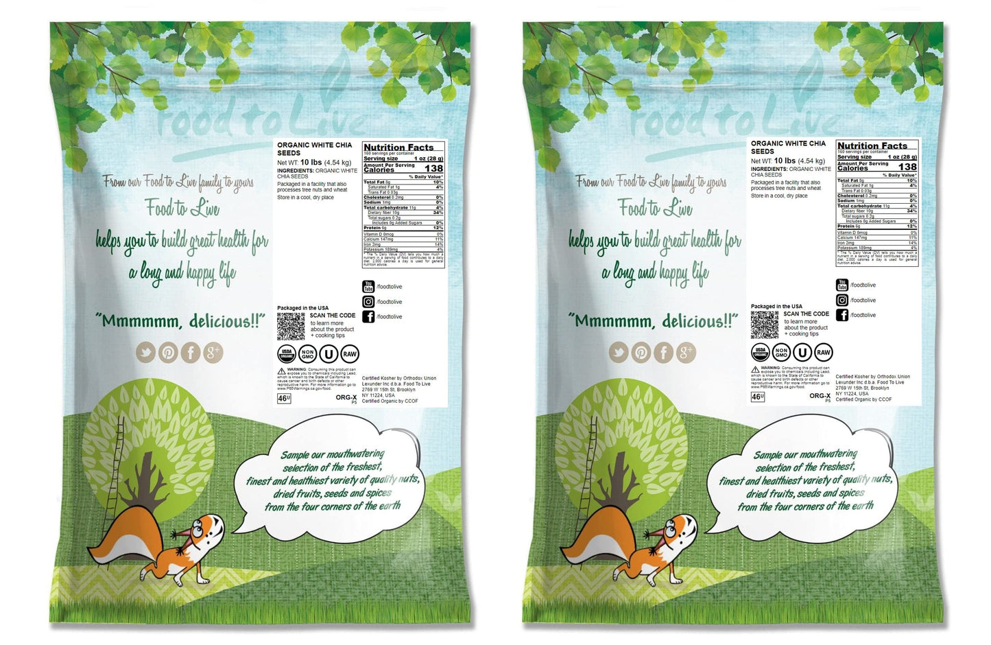 Food To Live Organic White Chia Seeds, 20 Pounds - Whole, Raw, Kosher, Keto, Sirtfood, Vegan, Bulk. Rich In Omega 3, 6, Dietary