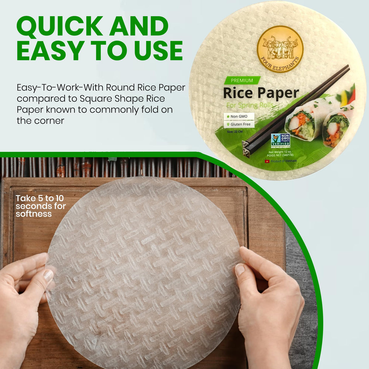 Four Elephants 22CM Round Rice Paper Non-GMO, Premium Spring Roll, 1 Count, Restaurant Quality