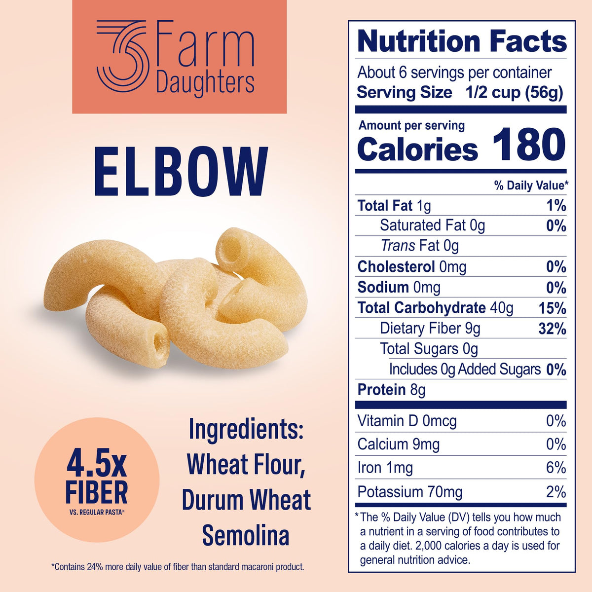 Three Farm Daughters High Fiber Elbow Macaroni Pasta, Non-GMO, Low GI, 12 oz. (Pack of 4)