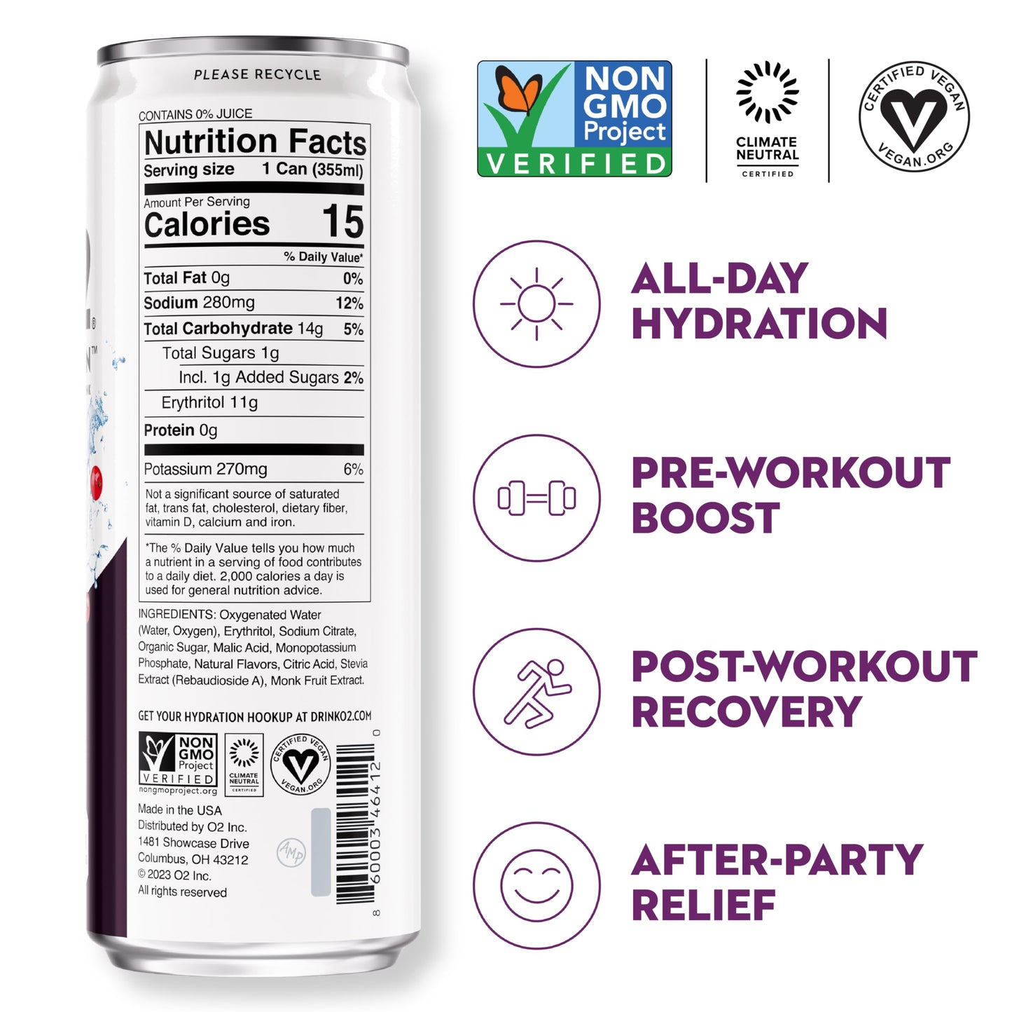O2 Oxygenated Sports Recovery Drink - Blackberry Currant, Non-Caffeinated, 120% More Electrolytes, 12 oz Cans (12 Pack)