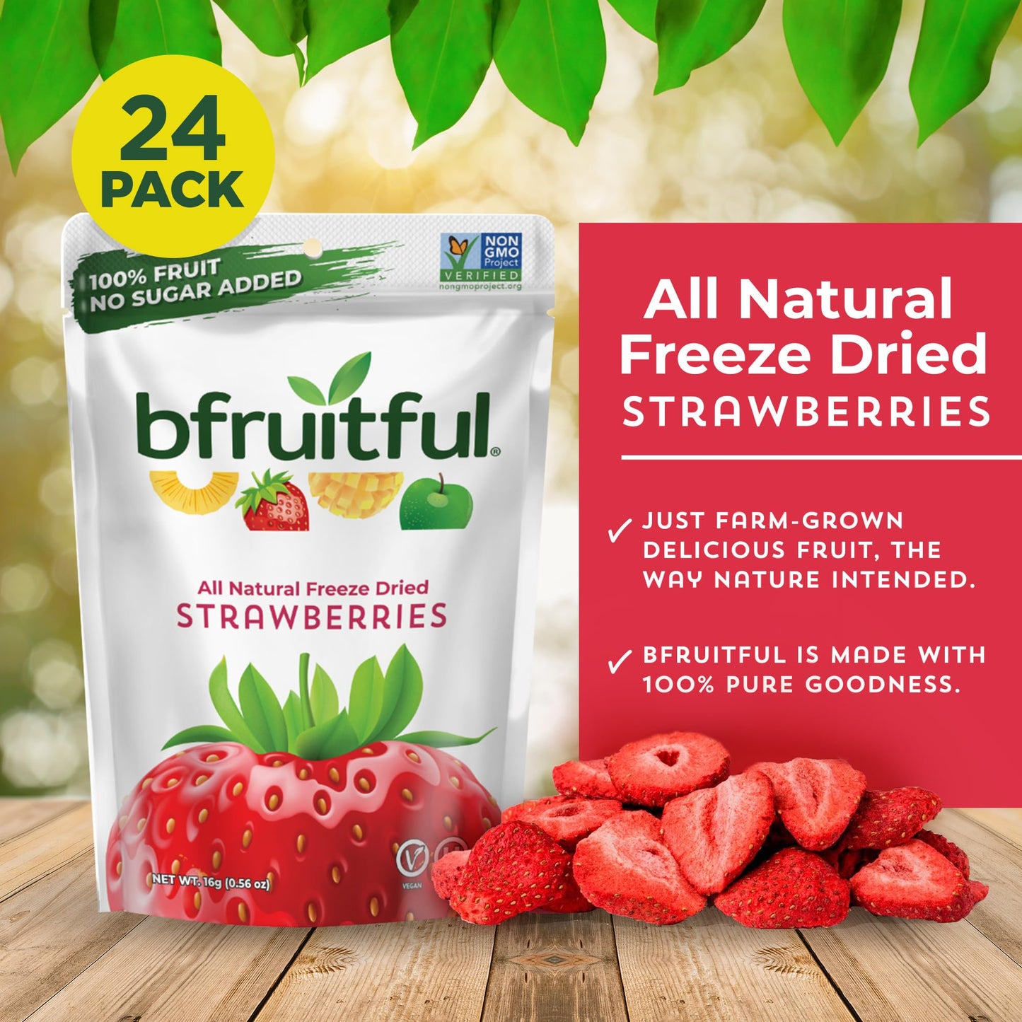 Bfruitful Freeze-Dried Strawberries, Freeze Dried Fresh Fruit Bites, Gluten Free, Vegan, Dairy Free, Kosher, No Sugar Added, Non