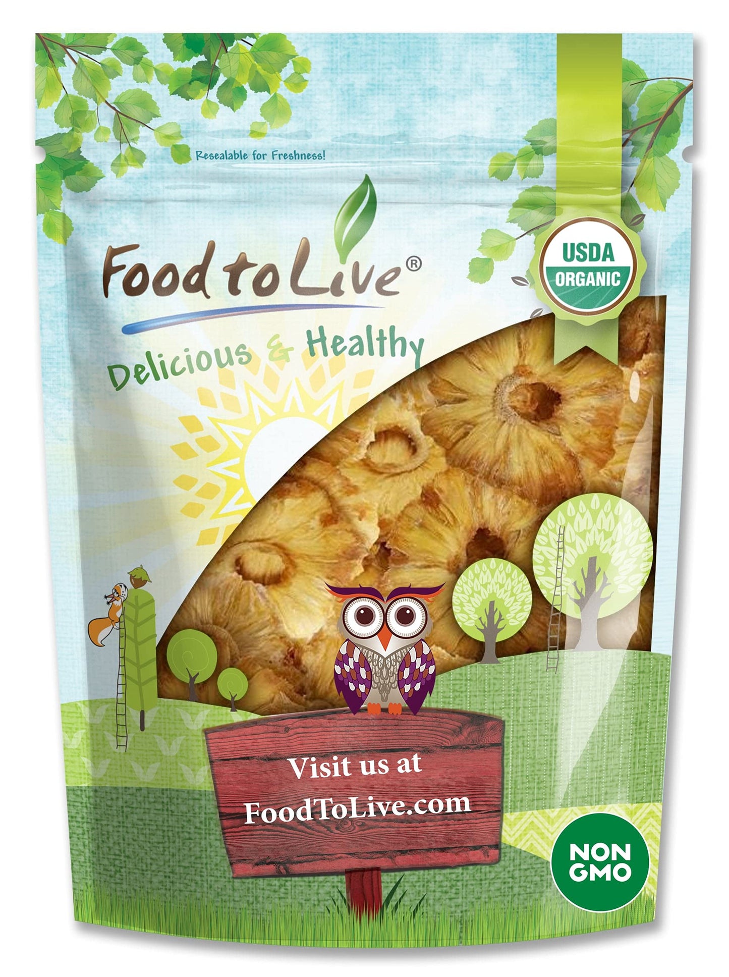 Food to Live Organic Dried Pineapple Rings, 2 Pounds Non-GMO, Flavorful Chewy Fruit Snack, Vegan, Unsulfured, No Sugar Added, Bu
