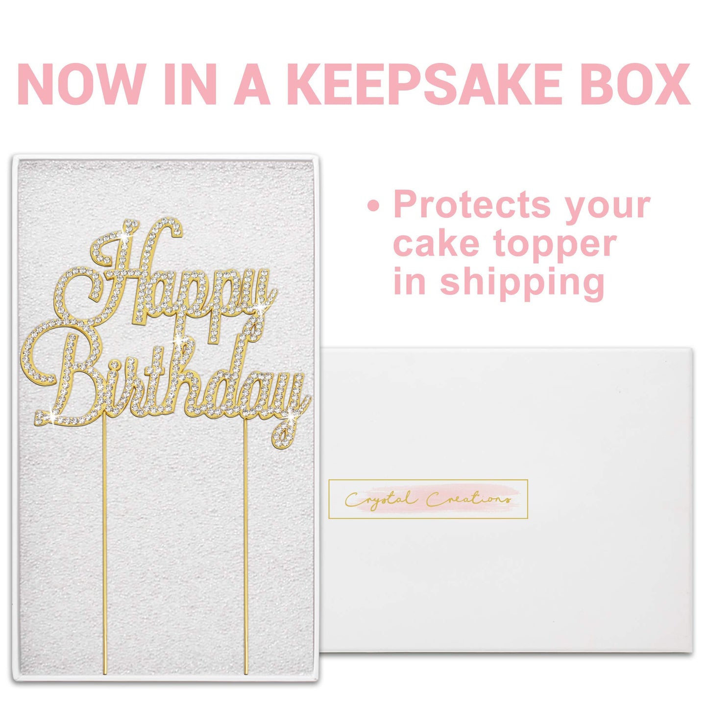 Crystal Creations Happy Birthday Cake Topper - Premium Gold Metal with Rhinestones - 1 Count