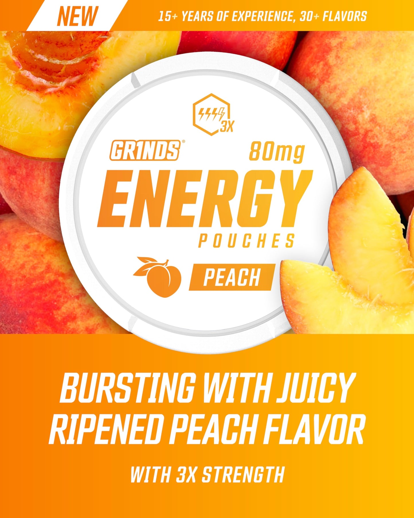 GRINDS Energy Pouches - Natural Caffeine with B-Vitamins - Peach - 15 Count (Pack of 6) - Sugar-Free, 0 Calories, 80mg Caffeine Each