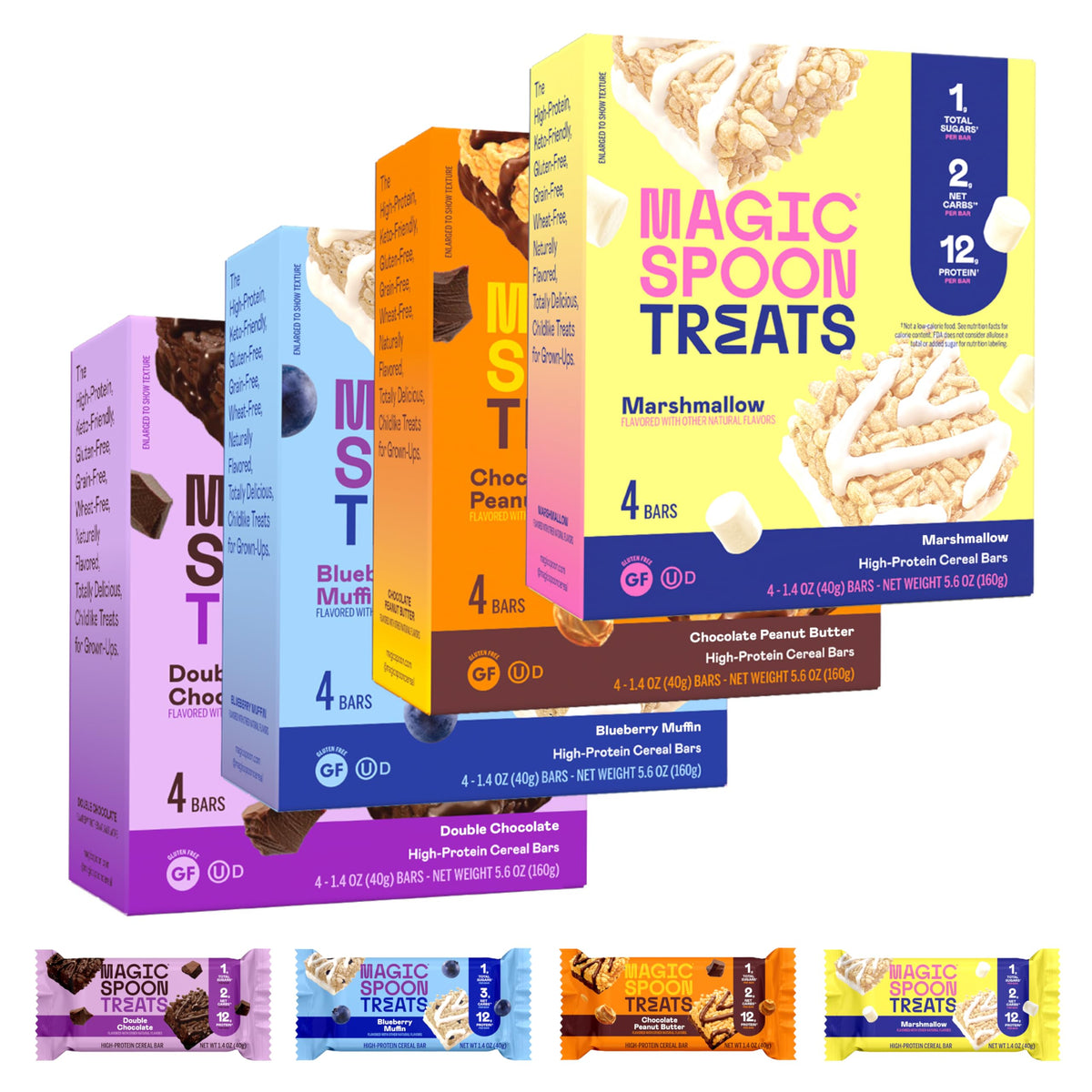 Magic Spoon High Protein Bars - Low Carb, Keto Friendly, 4 Pack (Marshmallow, Chocolate PB, Blueberry Muffin, Double Chocolate)