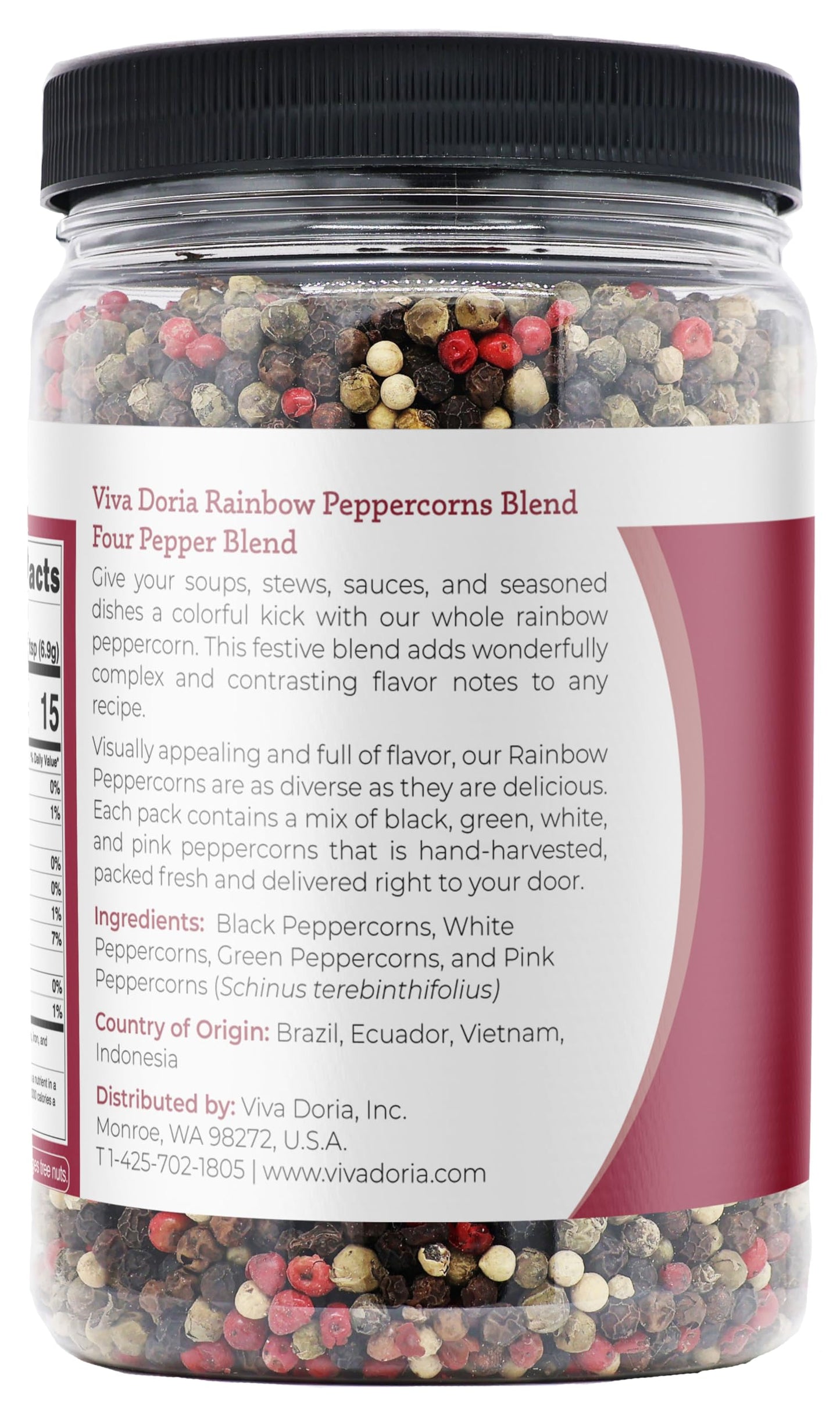 Viva Doria Rainbow Blend Peppercorn, Steam Sterilized Whole Black/Green Pepper, Whole Pink/White Pepper, 16 Oz, For Grinder Refi