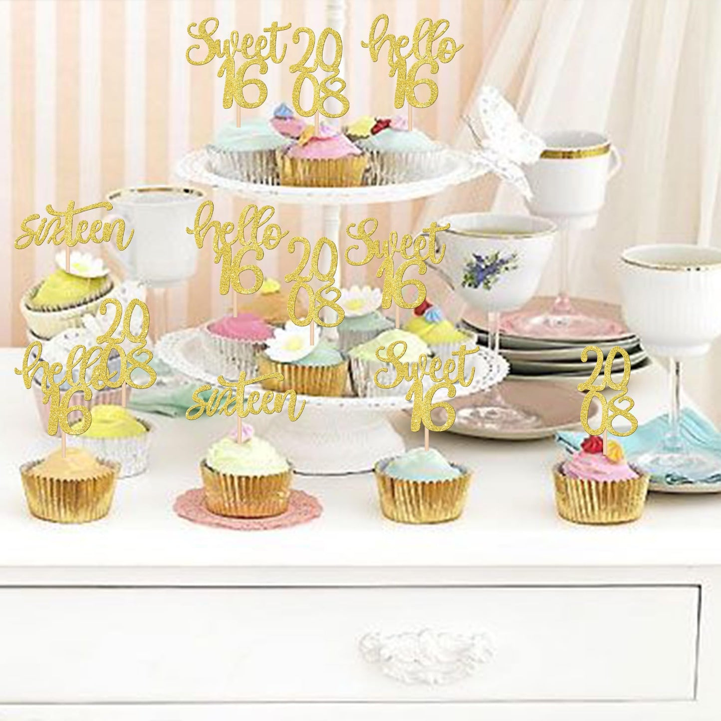 ZHUOWEISM 24PCS Cupcake Toppers Glitter Sweet 16 Decorations Small Gold Bamboo