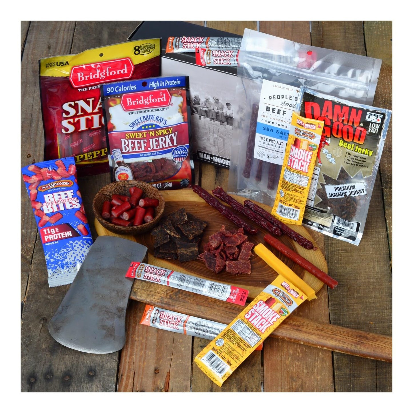 ManSnacks Jerky Gift Basket - 29 pc Beef Jerky, Jerky Bites, Beef Sticks, Pepperoni & Cheese Sticks in Manly Gift Box