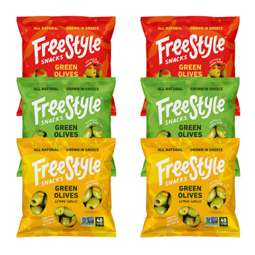 Freestyle Snacks Olive Snack Packs - Single Serve - Fresh Pitted Green Olives, Jumbo-Sized, Grown In Greece, All Natural, Non-Gm