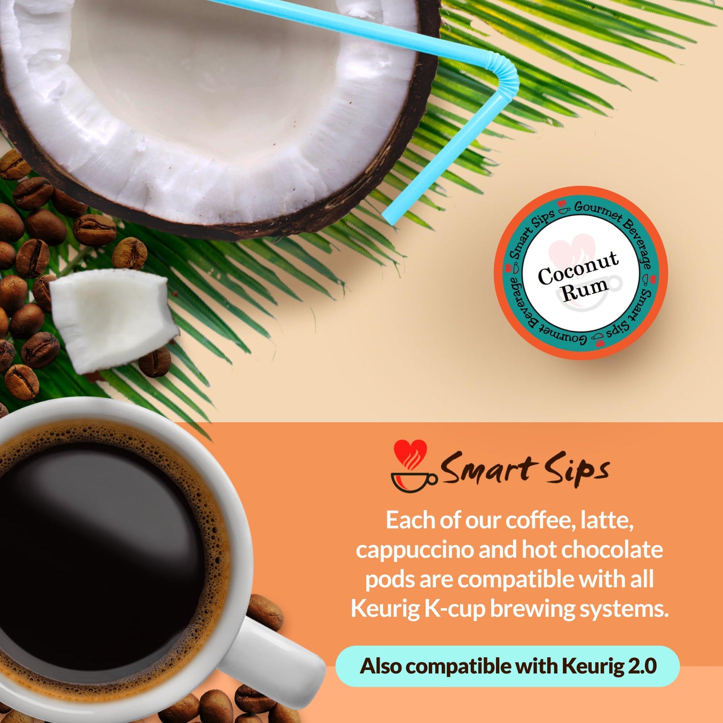 Smart Sips Coffee Coconut spirit-inspired flavor Flavored Coffee Pods, Medium Roast, 24 Count for Keurig K-Cup malt-inspired