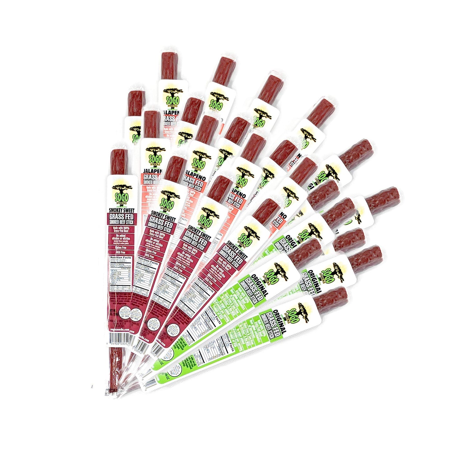 Sogo Snacks Grass Fed Beef Stick Variety Pack - Original, Jalapeno, Smokey Sweet Flavors, 1 Ounce (Pack of 24)
