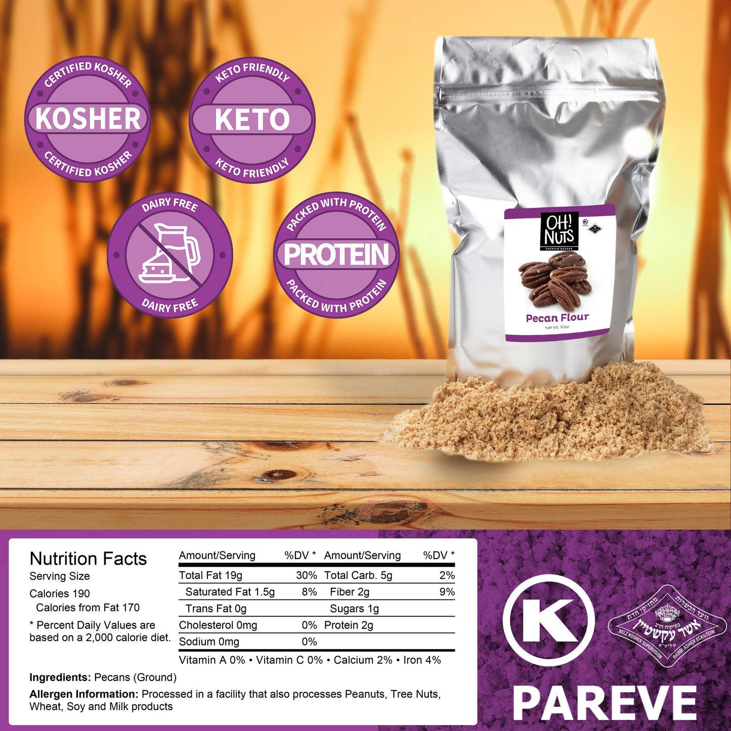 Oh! Nuts Ground Pecan Flour | 2lb Bulk Bag Fresh Keto-Friendly All Natural Nut Meal Substitute for Gluten-Free Baking, Certified
