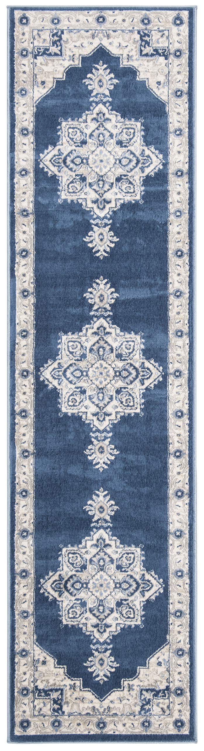 Safavieh Brentwood Collection 2 X 12 Navy  Cream Bnt865N Medallion Distressed Non-Shedding Living Room Bedroom Runner Rug