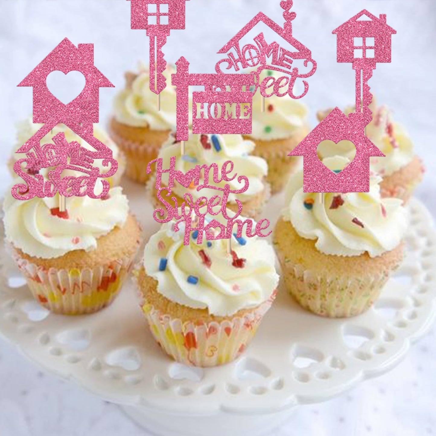 Rssta i Cupcake Toppers - 30 Pack Housewarming Party Decorations - Pink Paper Picks for New Home Theme Cake Decor