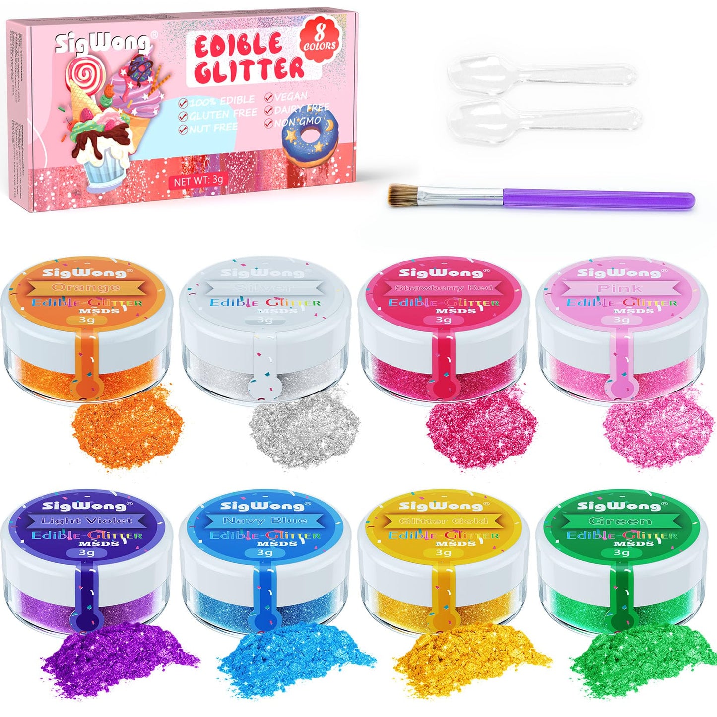 SigWong Edible Glitter Set - 8 Colors Prism Powder, 3g/bottle for Cakes, Cocktails, and Desserts
