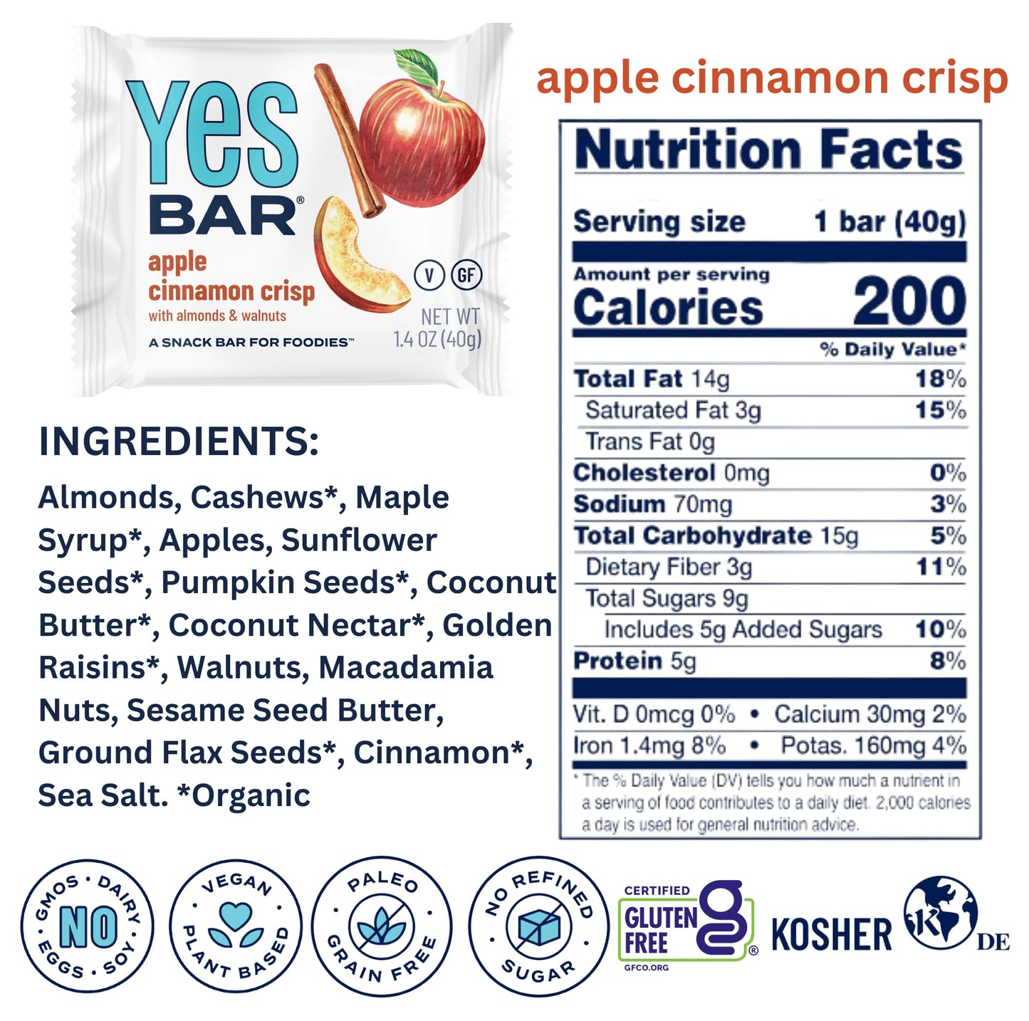 The YES Bar Apple Cinnamon Crisp - Plant Based Protein Snack Bar, Vegan, Gluten Free, Low Sugar, 1.4 oz, Light Brown
