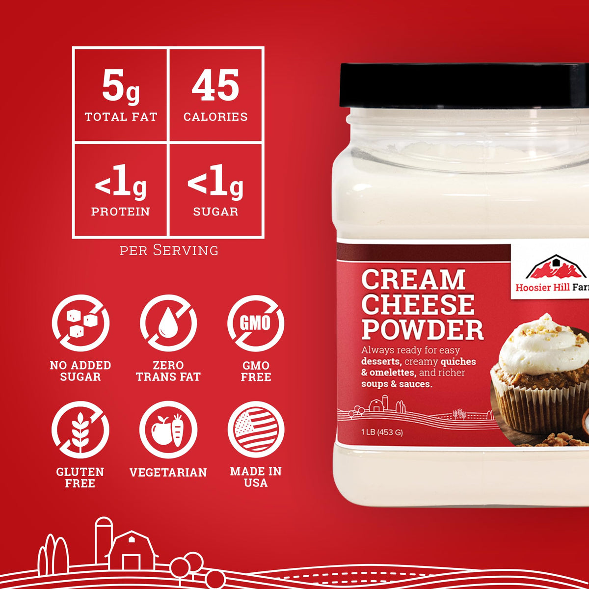 Hoosier Hill Farm Cream Cheese Powder, Gluten Free, 1 Lb, 1 Pound Pack