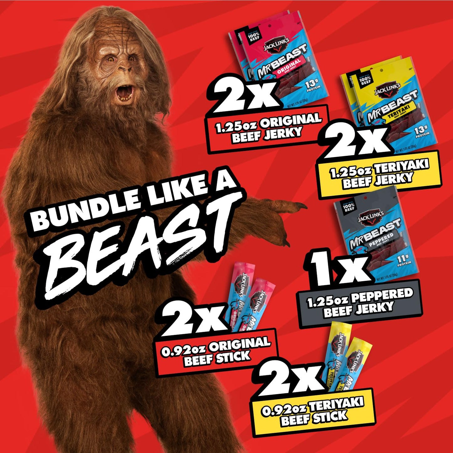 Jack Links x MrBeast Beast Beef Jerky Variety Box  1.25oz Jerky Bags  0.92oz Beast Sticks  Made with 100% Real Beef  Pantry-Ready  Kids Snacks