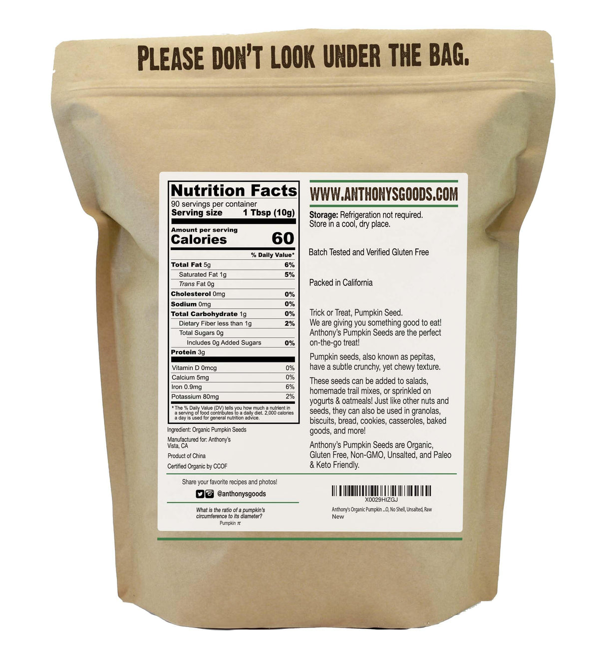 Anthony'S Organic Pumpkin Seeds, 2 Lb, Gluten Free, Non Gmo, No Shell, Unsalted, Raw