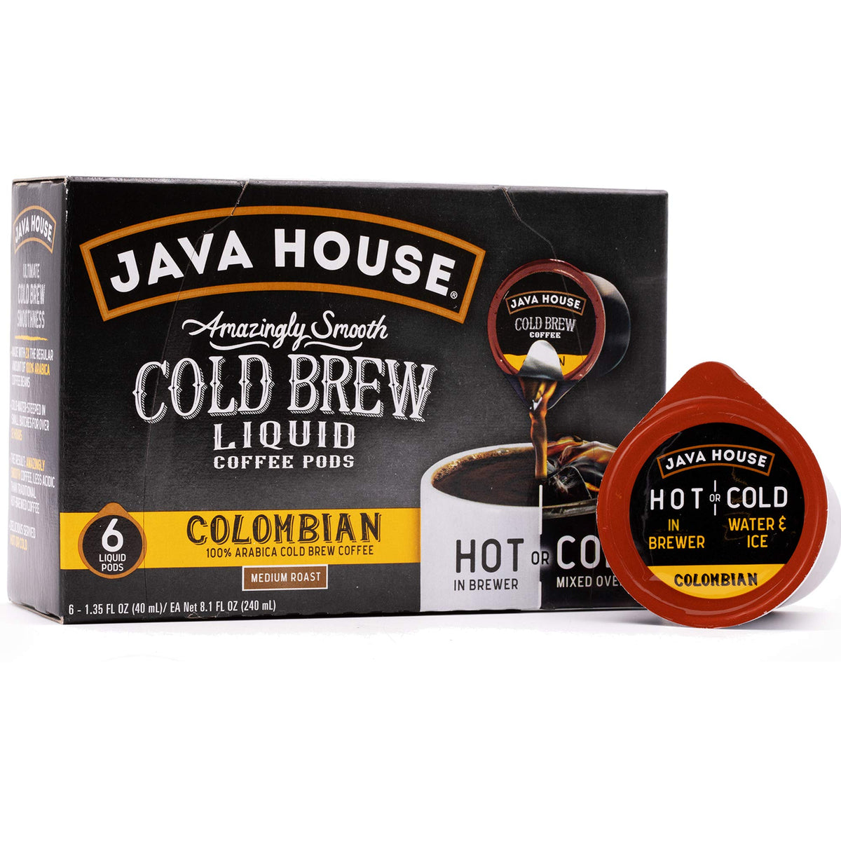 Java House Cold Brew Coffee, Colombian Medium Roast Coffee Concentrate Liquid Pods - 1.35 Fluid Ounces (6 Count) Enjoy Hot Or Ic