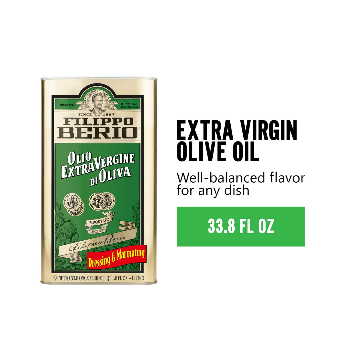 Filippo Berio Extra Virgin Olive Oil, 1 Liter Tin (33.8 Ounce)
