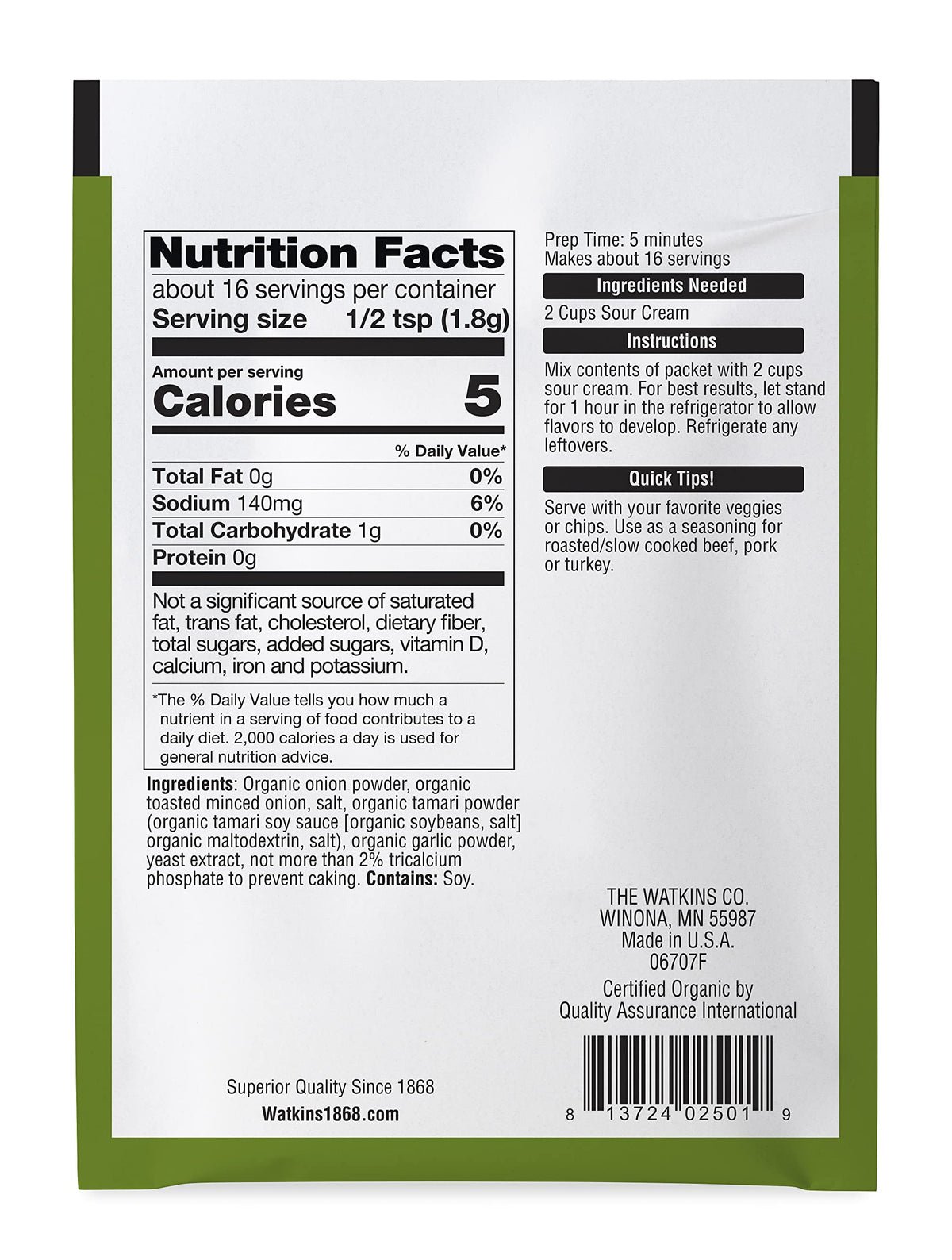 Watkins Organic Gourmet Dip Mix, Onion, 1.0 Oz. Packets, 12-Pack