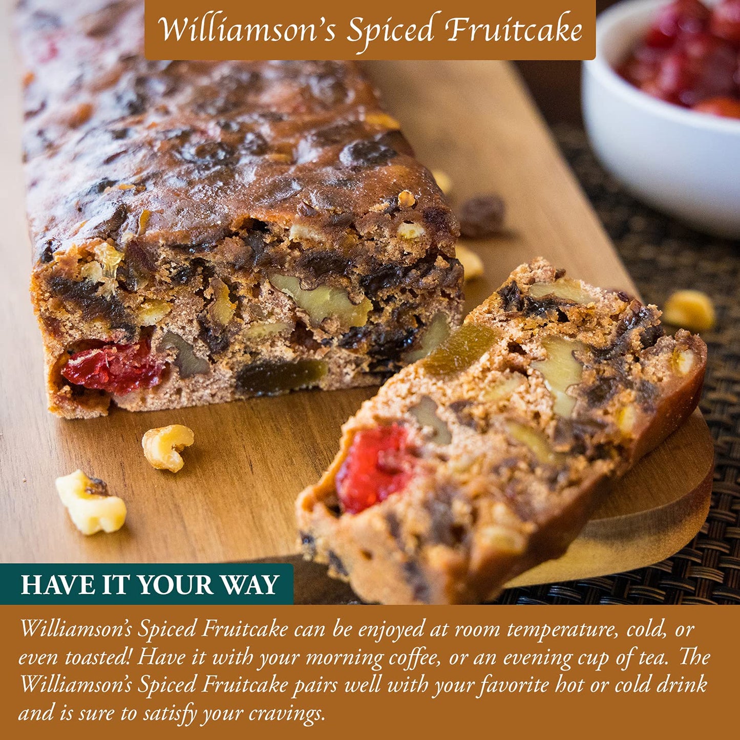 Williamsons Spiced Fruitcake, Fruit Cake, Freshly Made, Gourmet Snack, Food Gift With Fine Fruits And Nuts (12 Oz, Pack Of 3)