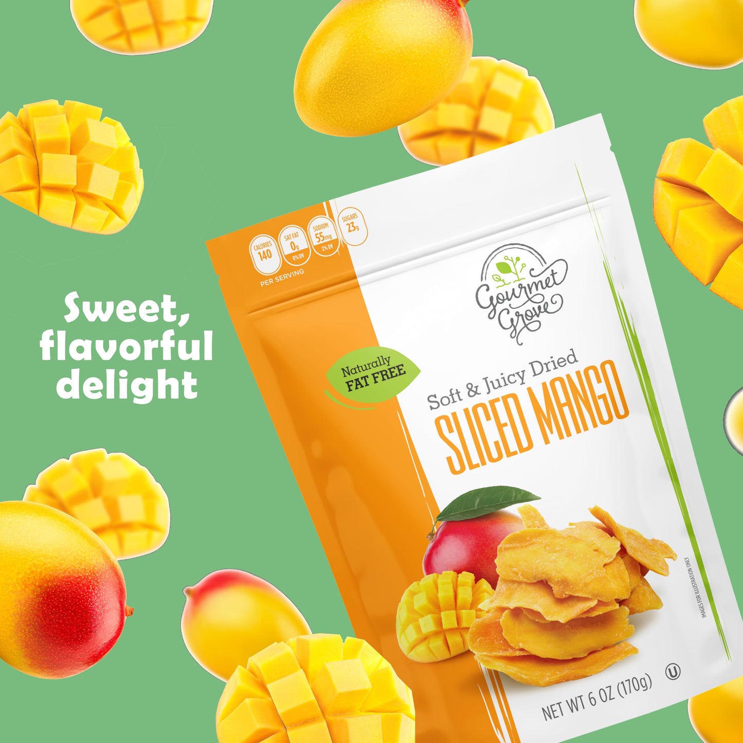 Gourmet Grove - Sliced Mango 6 Oz Snack Packs | Soft, Juicy, Natural Dried Mango Slices | Lightly Sweetened (Pack Of 12)