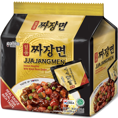 Paldo Fun & Yum Ilpoom Jjajangmen Noodles, Pack of 4, Traditional Brothless Chajang Ramen with Savory & Sweet Black Bean Sauce, 