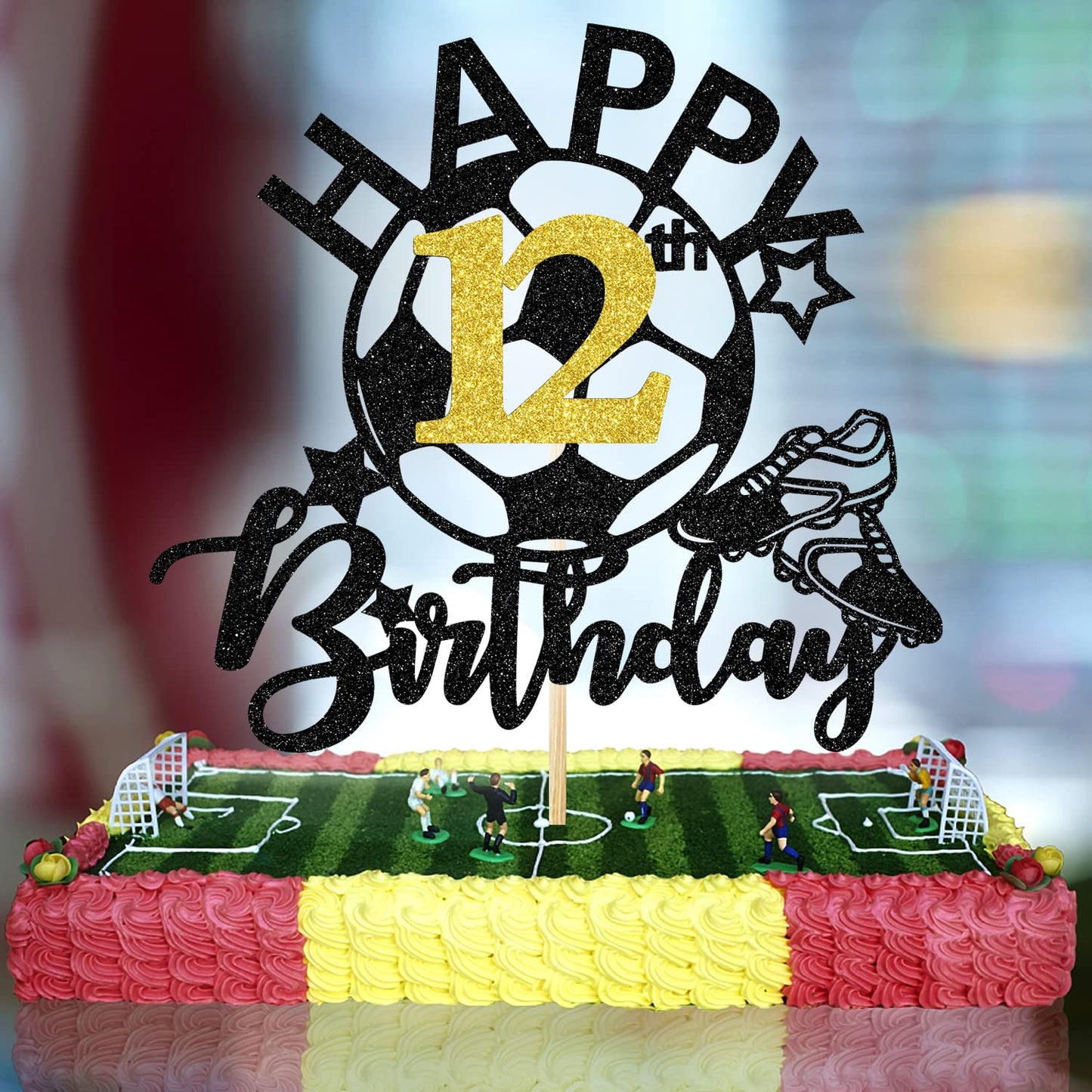 Aeryourtar Glitter Soccer Cake Topper for 12th Birthday, Paper Decoration, Football Theme, Perfect for Boys and Girls