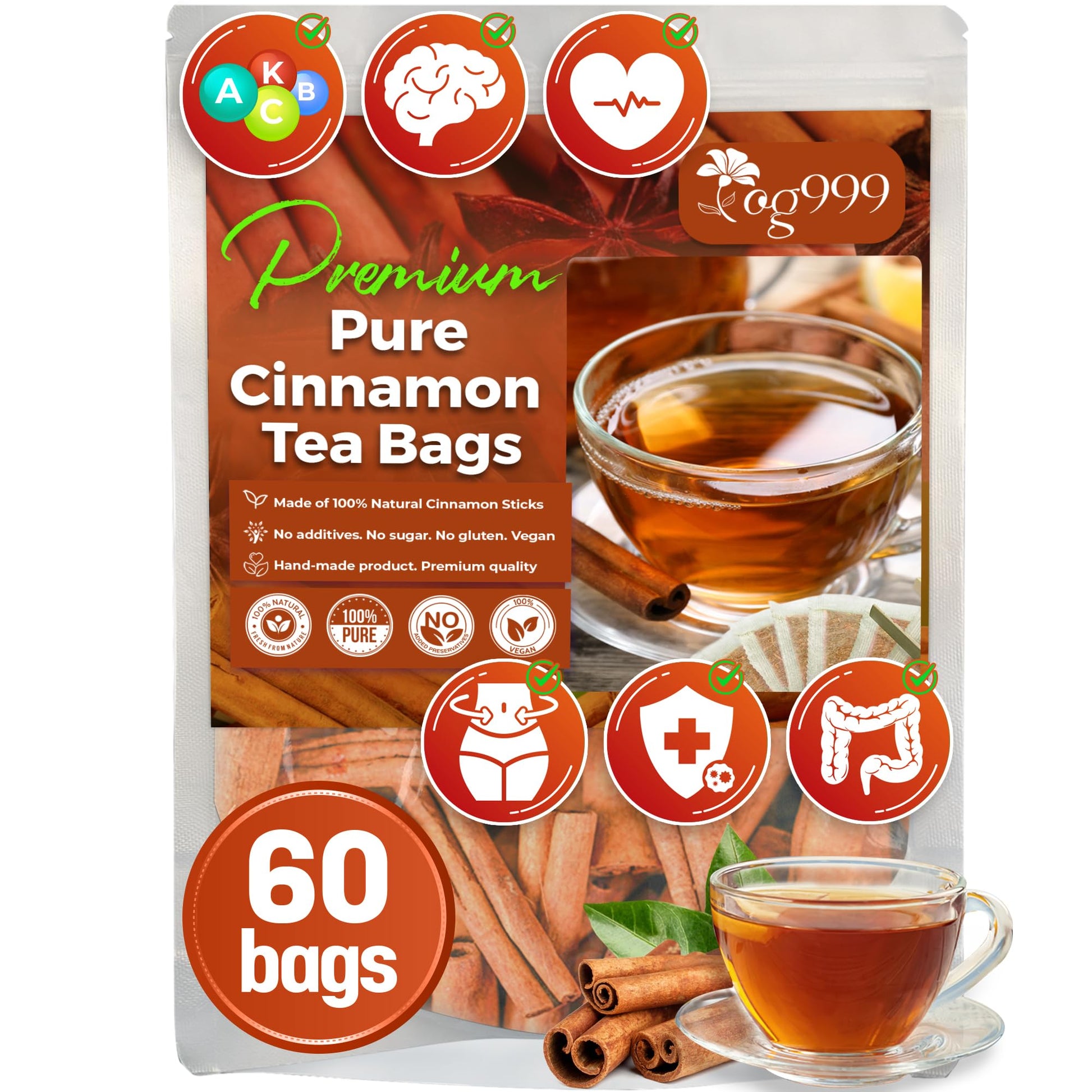 TOG999 Premium Herbal Tea - 100% Natural Cinnamon, No Sugar, No Caffeine, Vegan - 60 Bags