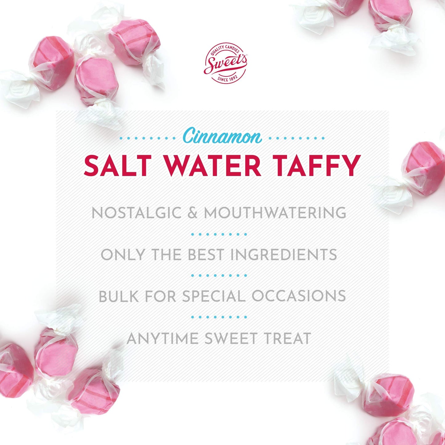 Sweet Candy Company Salt Water Taffy Individually Wrapped- Salt Water Taffy Candy Bulk, Old Fashioned Cinnamon Flavor, Soft & Chewy, Single Flavor Assortment, Gluten Free - 3 Lb Bag, Cinnamon Flavored