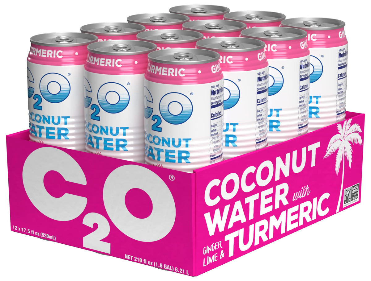 C2O Coconut Water with Ginger, Lime & Turmeric - 12 Pack, 17.5 FL OZ - Non-GMO Natural Hydration & Electrolytes