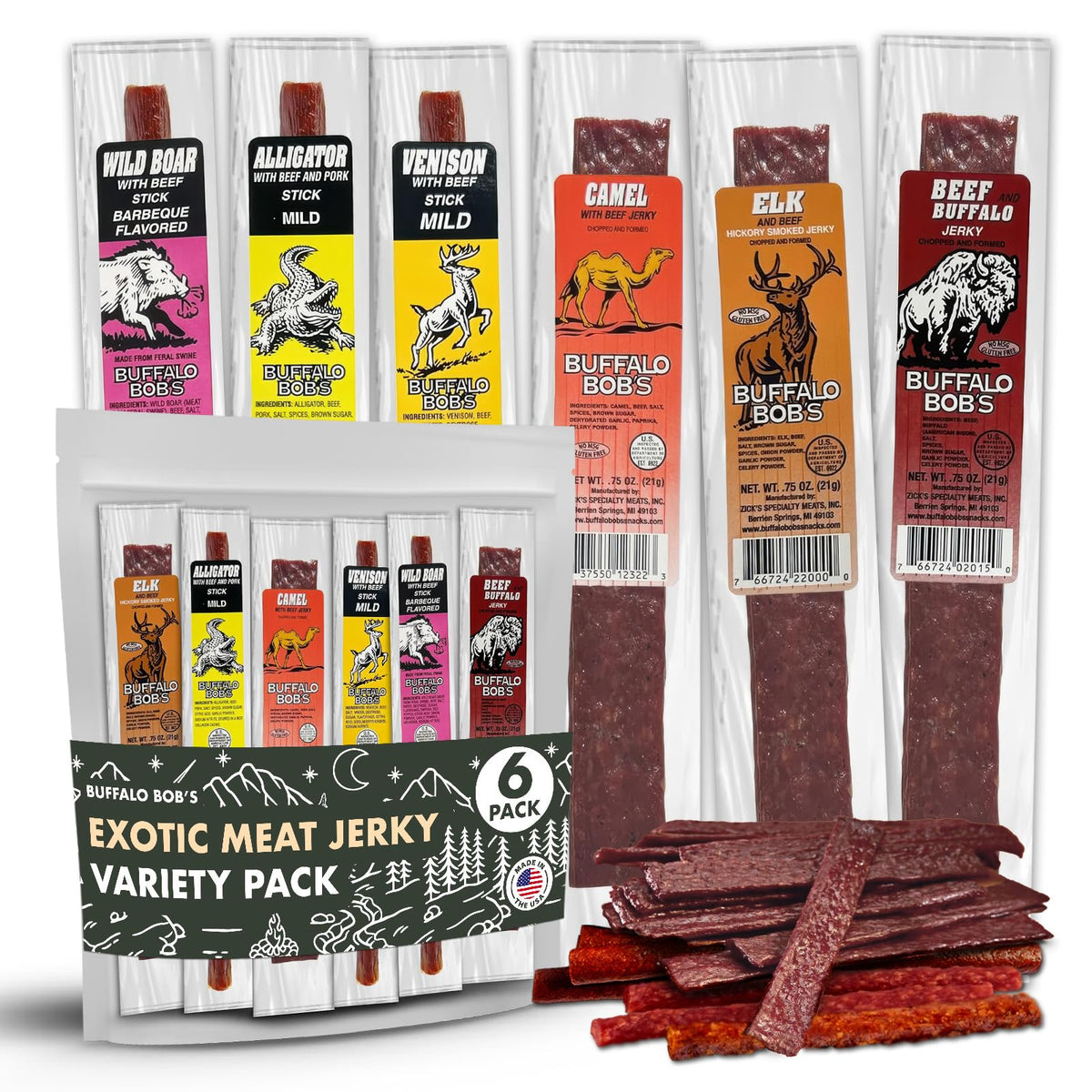 Jerky-n-Spice Buffalo Bobs Beef Jerky Variety Gift Set, Exotic Sampler Pack, 6 Pack, 0.88 Ounce Each, Assorted Snacks for Men
