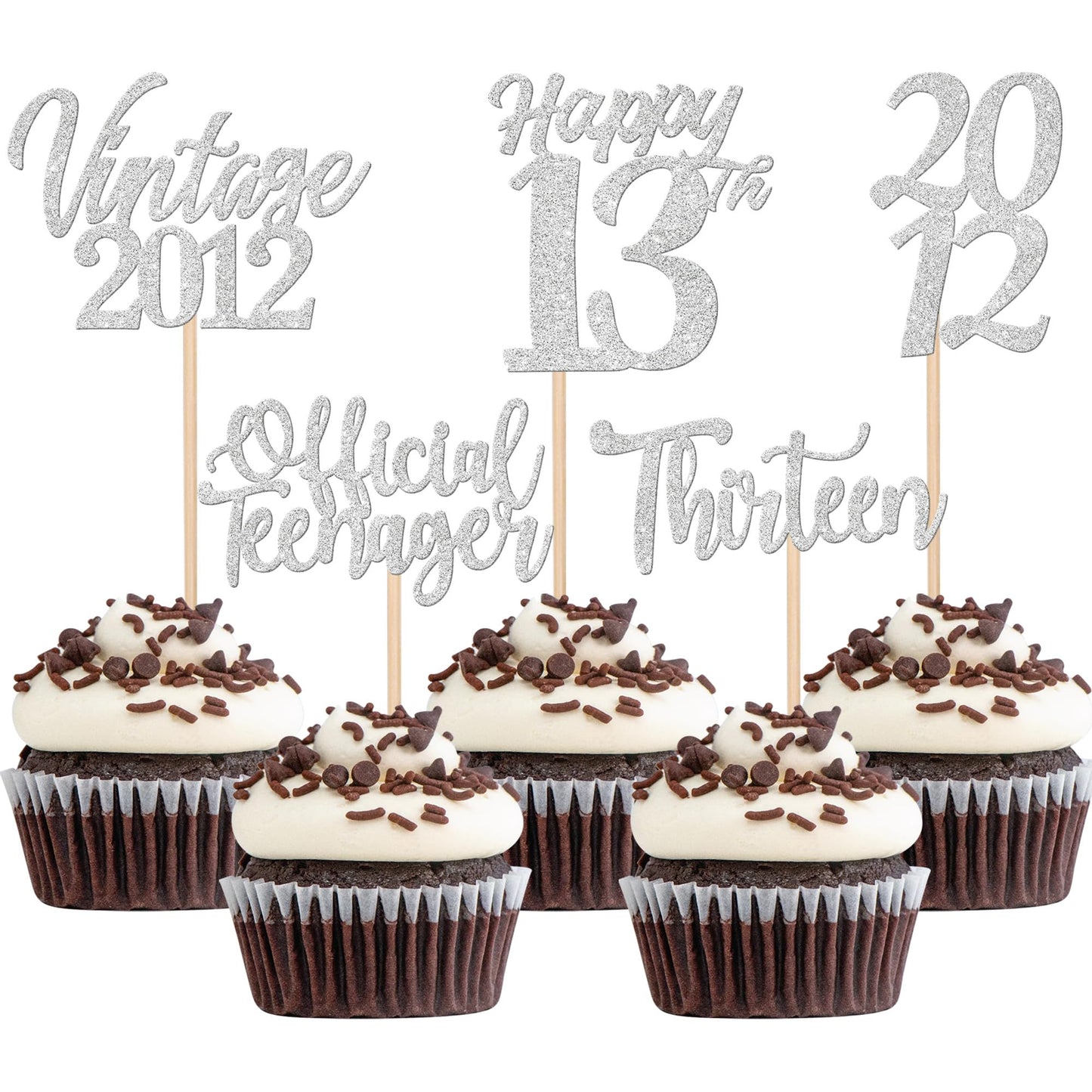 ZHUOWEISM 30PCS Cupcake Toppers for 13th Birthday Party Decorations Silver